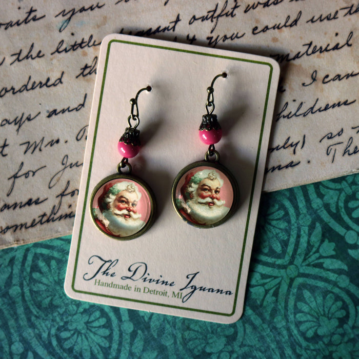 Santa Claus Earrings in Pink, Handmade in Detroit