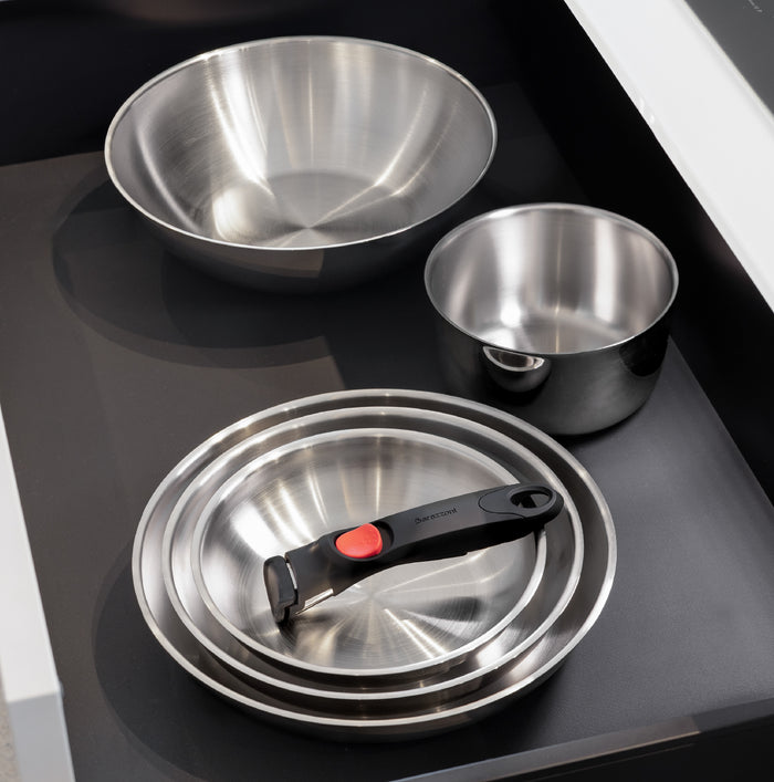 Set 3 pezzi acciaio - 2 padelle acciaio 24/28 cm, 1 casseruola 16 cm + manico staccabile