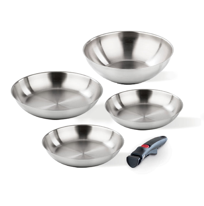 Set 4 pezzi acciaio - padelle 20/24/28 cm, Wok 28 cm + manico staccabile