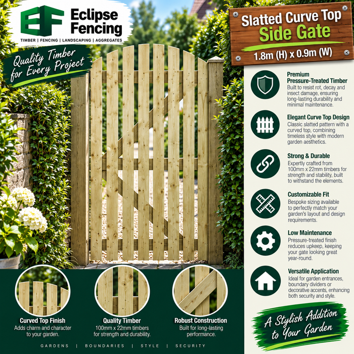 Slatted Curve Top Side Gate – 0.9m x 1.8m – Pressure Treated-Eclipse Fencing