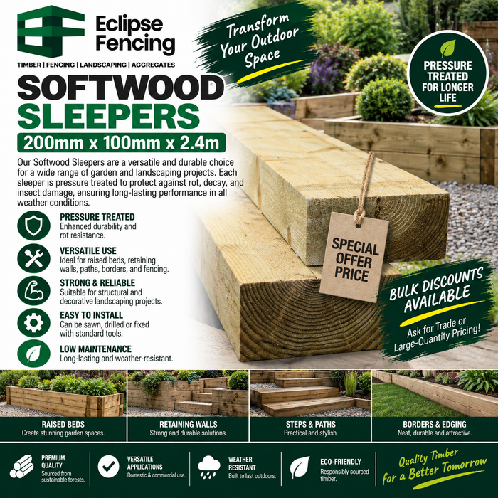 Softwood Sleepers 200mm x 100mm x 2.4m – Treated & Durable for Landscaping Green-Eclipse Fencing