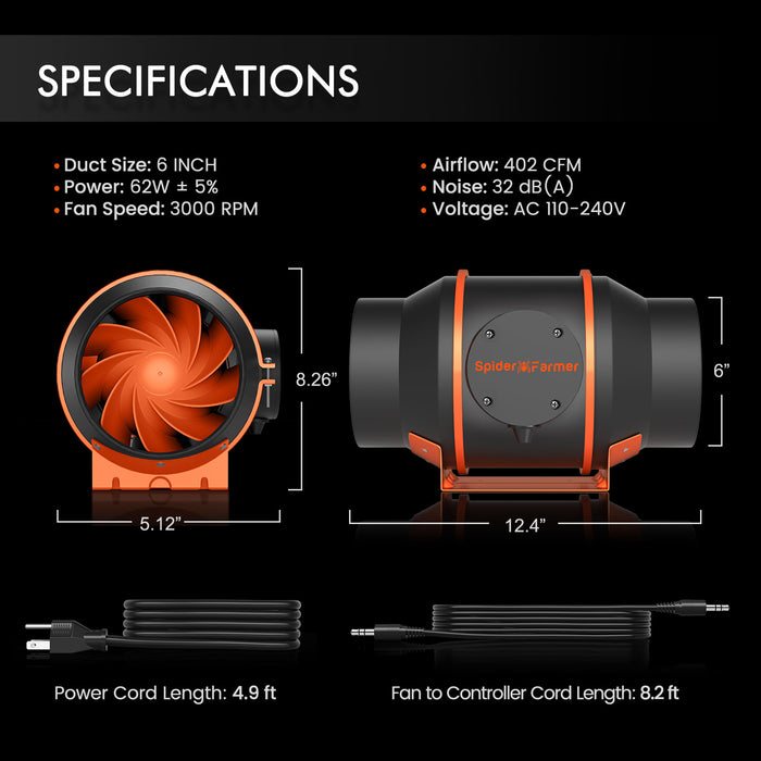 Spider Farmer 6" Inline Duct Fan with Smart Controller