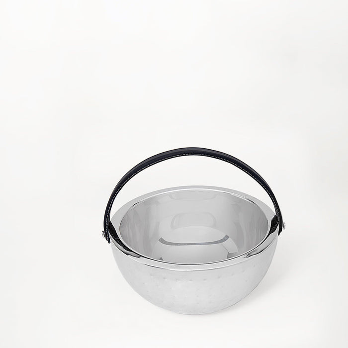 SS Fruit Bowl W/Leather Handle Silver Glossy