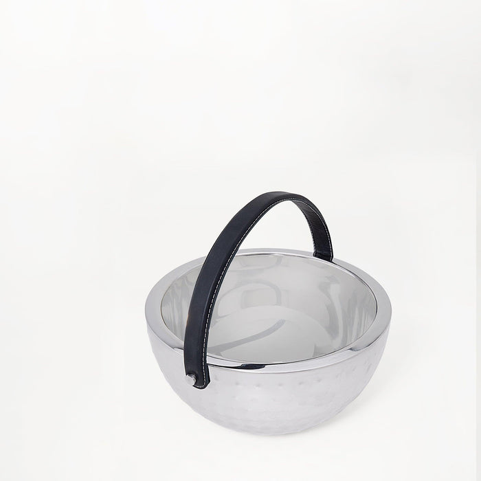 SS Fruit Bowl W/Leather Handle Silver Glossy