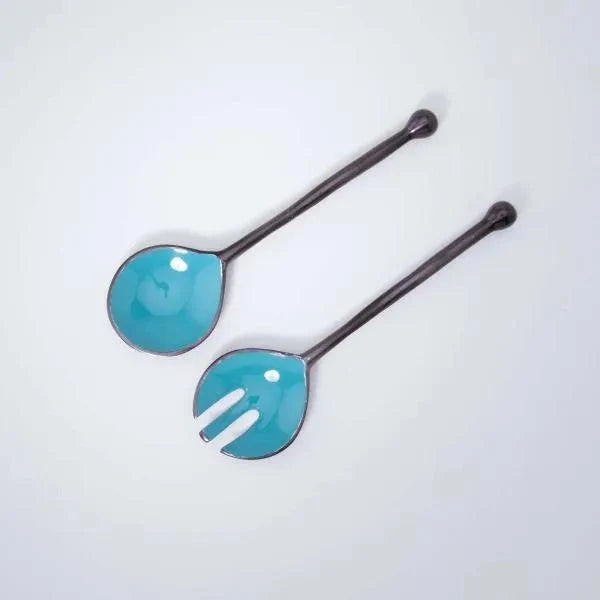 Teal Metal And Enamel Fusion Salad Server Set (Set Of 2) - ellementry