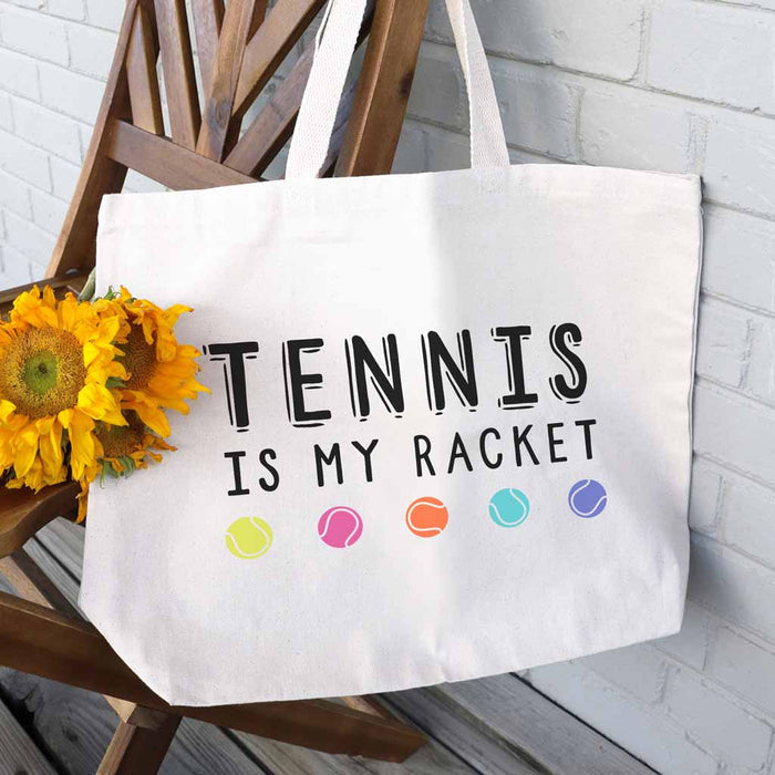 Tennis is my racket digitally printed on spacious large canvas tote bag is super cute for your next tennis match.