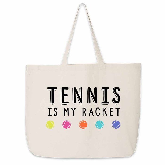 Roomy canvas tote bag digitally printed with tennis is my racket colorful design on canvas tote bag is the perfect gift for your tennis doubles partner.