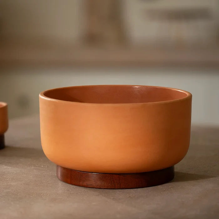 Terracotta Serving Bowl With Wooden Base- Large