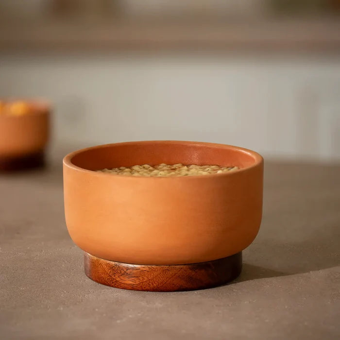Terracotta Serving Bowl With Wooden Base- Medium