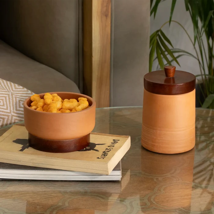 Terracotta Serving Bowl With Wooden Base- Small