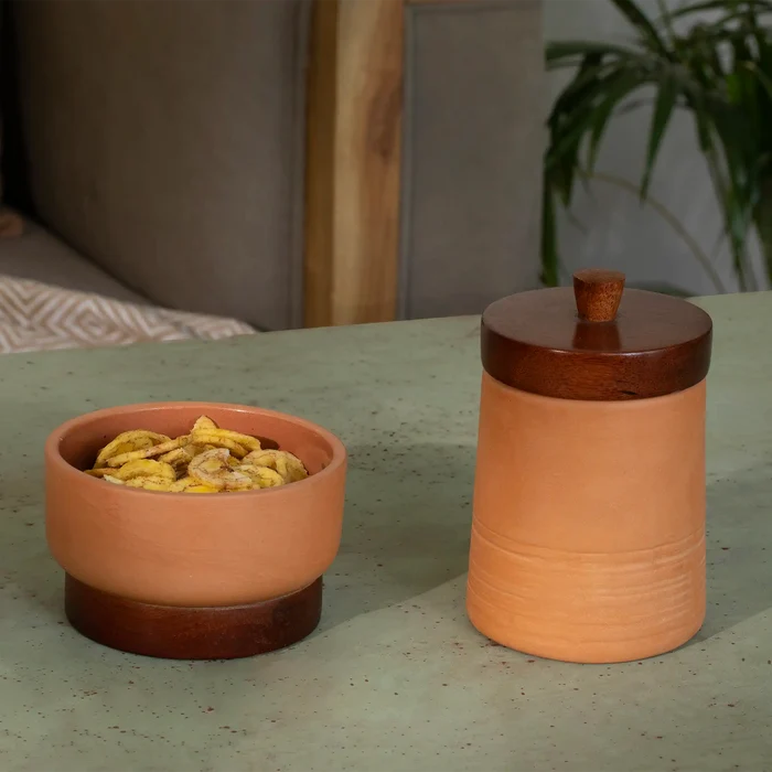 Terracotta Serving Bowl With Wooden Base- Small