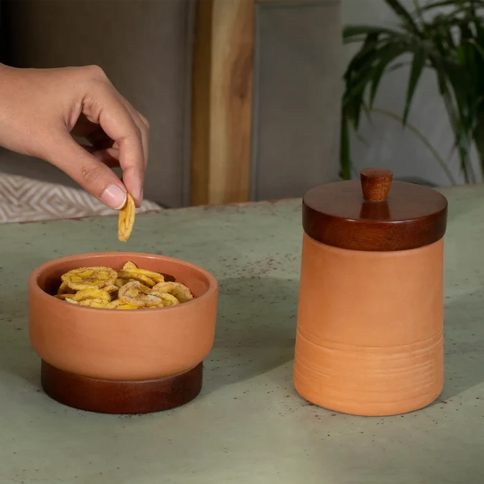Terracotta Serving Bowl With Wooden Base- Small