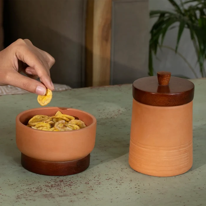 Terracotta Serving Bowl With Wooden Base- Small