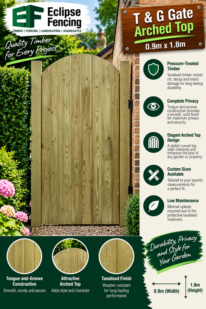 T&G Gate Tanalised Arched Top – 900mm x 1.8m Durable, Stylish Garden Gate-Eclipse Fencing