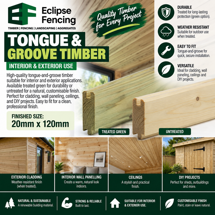 T&G MatchBoard Swedish Redwood ex125mm x ex25mm – Versatile Interior & Exterior Timber. Finished Size 120mm x 22mm-Eclipse Fencing