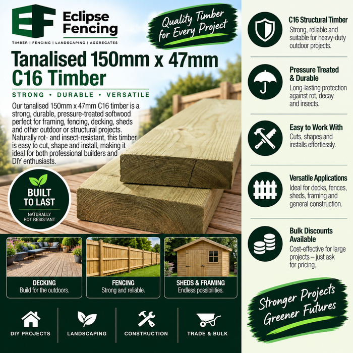 Timber Tanalised 150mm x 47mm (6x2) C16 – Pressure-Treated Structural Timber Green-Eclipse Fencing