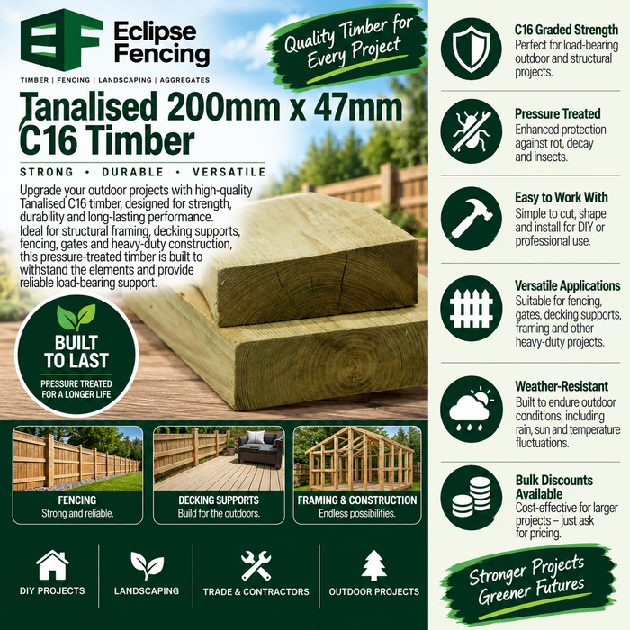 Timber Tanalised 200mm x 47mm x 3.6m (8x2) C16 – Strong, Pressure-Treated Structural Timber Green-Eclipse Fencing