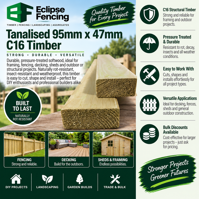 Timber Tanalised 95mm x 47mm (4x2) C16 – Pressure-Treated Structural Timber Green-Eclipse Fencing