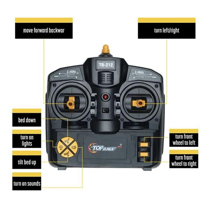 Top Race TR-212 controller diagram labeling forward and reverse, steering, dump-bed, light, and sound controls.