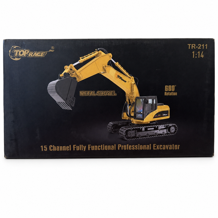 Top Race TR-211 1:14 RC excavator retail box on a clean white background