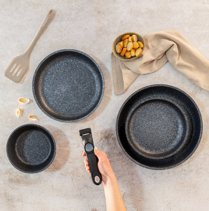 Tris antiaderente - set 3 padelle 20/24/28 cm + manico staccabile