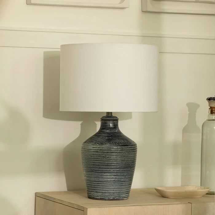 Vara Ribbed Terracotta Indigo Blue Lamp With Shade - White