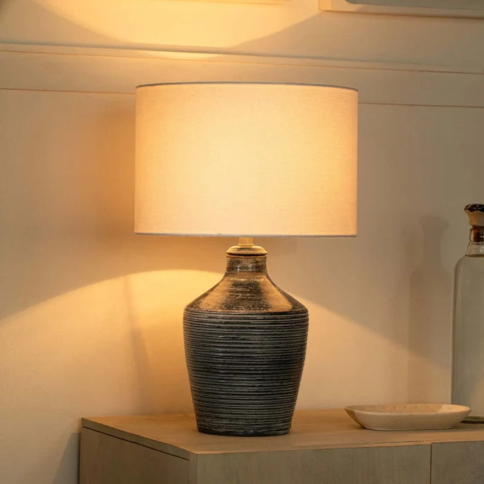 Vara Ribbed Terracotta Indigo Blue Lamp With Shade - White