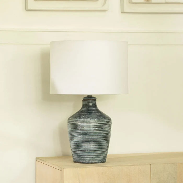 Vara Ribbed Terracotta Indigo Blue Lamp With Shade - White