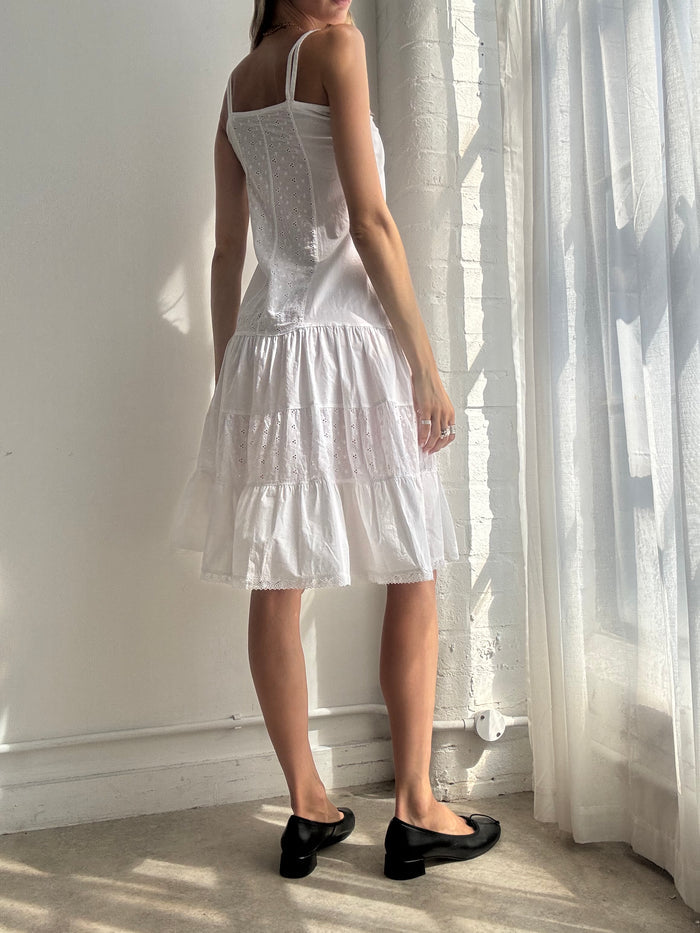 Vintage White Tiered Cotton Midi Dress - Size XS