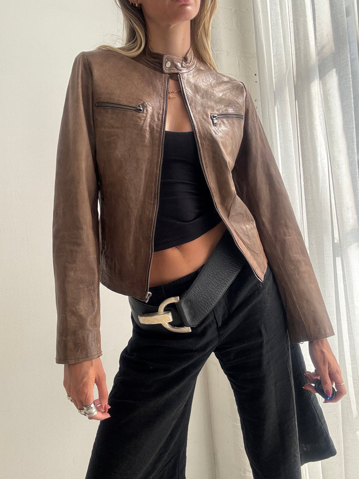Vintage Y2K Brown Leather Biker Jacket - Size XS/S