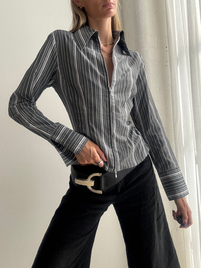 Vintage Y2K Grey & White Pinstripe Fitted Dual Zip Shirt - Size M