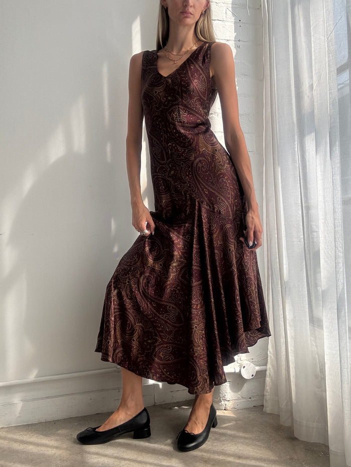 Vintage Y2K Ralph Lauren Burgundy Paisley Bias Cut Silk Maxi Dress - Size M