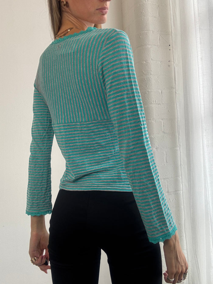 Vintage Y2K Turquoise Striped Lace Trim V Neck Top - Size M