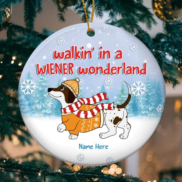 Walkin' In A Wiener Wonderland Blue Circle Ceramic Ornament - Personalized Dog Lovers Decorative Christmas Ornament