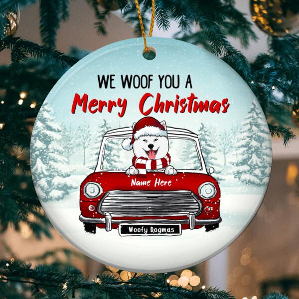 We Woof You A Merry Xmas Red Truck Circle Ceramic Ornament - Personalized Dog Lovers Decorative Christmas Ornament