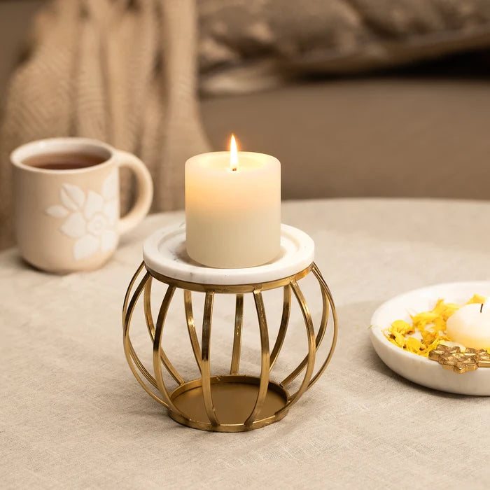 Weave Marble & Metal Pillar Candle Holder- Small