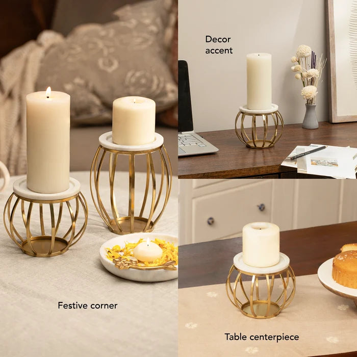 Weave Marble & Metal Pillar Candle Holder- Small