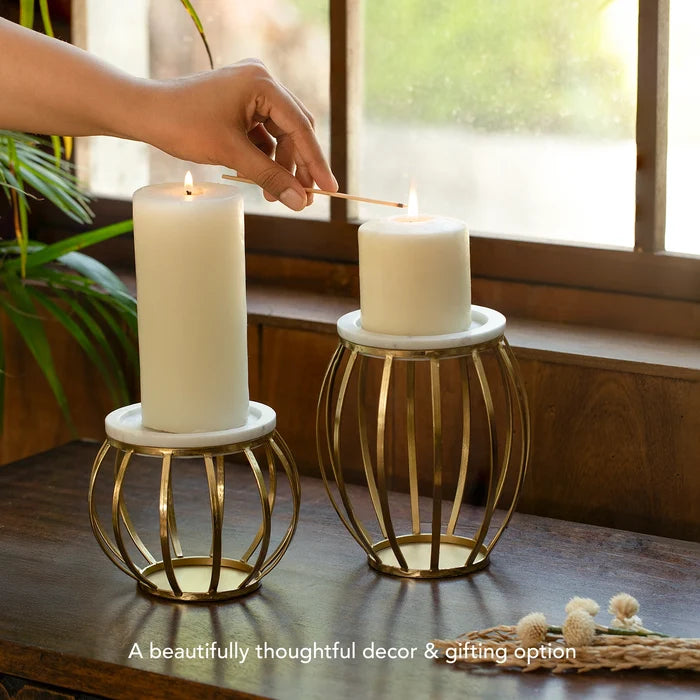 Weave Marble & Metal Pillar Candle Holder- Small