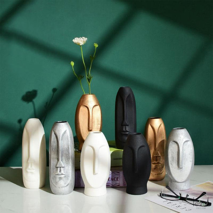 White Black Abstract Human Face Ceramic Vase - Level Decor
