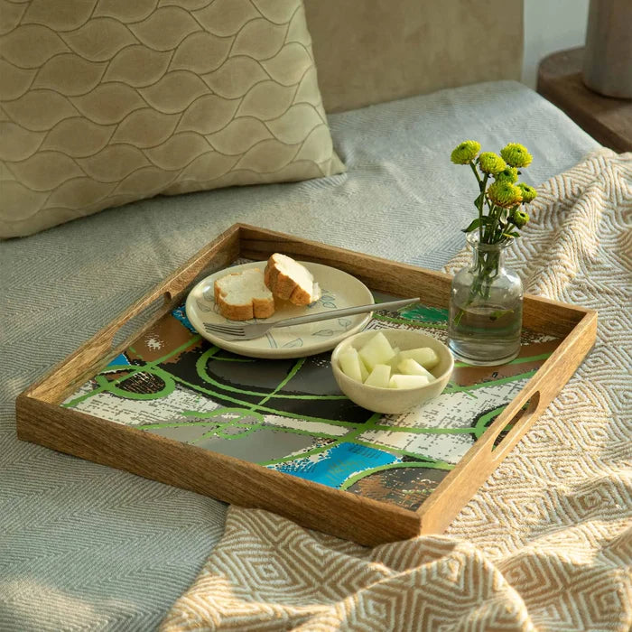 Wooden Muticolour Abstract Tray - Square