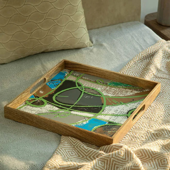 Wooden Muticolour Abstract Tray - Square