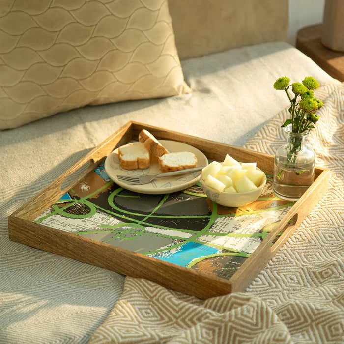 Wooden Muticolour Abstract Tray - Square