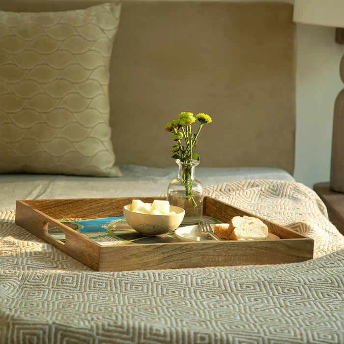 Wooden Muticolour Abstract Tray - Square