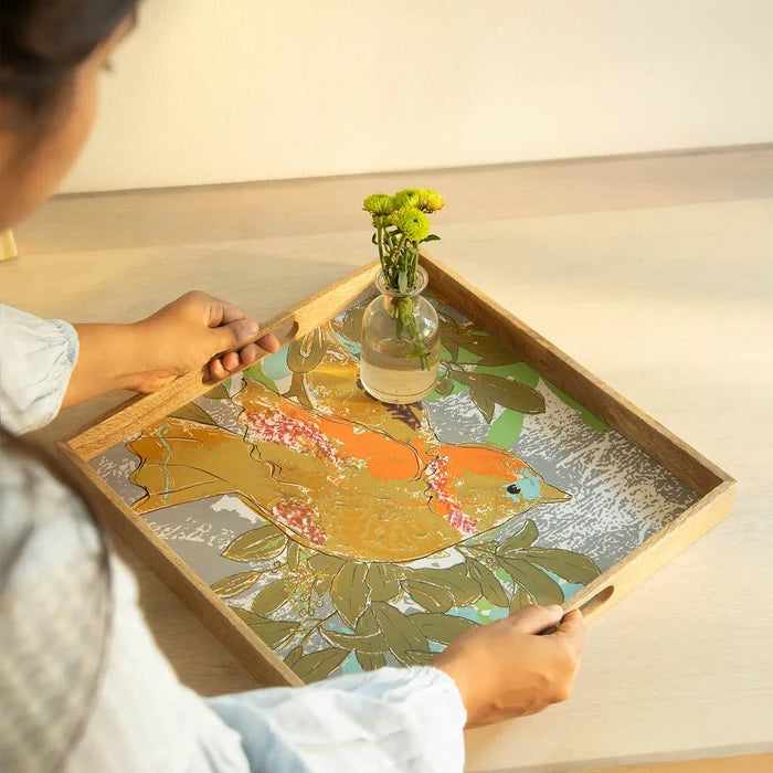 Wooden Muticolour Bird Tray - Square